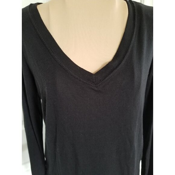 TREASURE AND BOND WOMENS BLACK LONG SLEEVE V-NECK RIB KNIT TOP SIZE MEDIUM - Picture 2 of 9